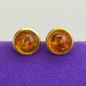 💛 Vintage 8k Gold Amber Cabochon Stud Earrings